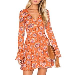 JOA Orange Long Sleeve Floral Dress